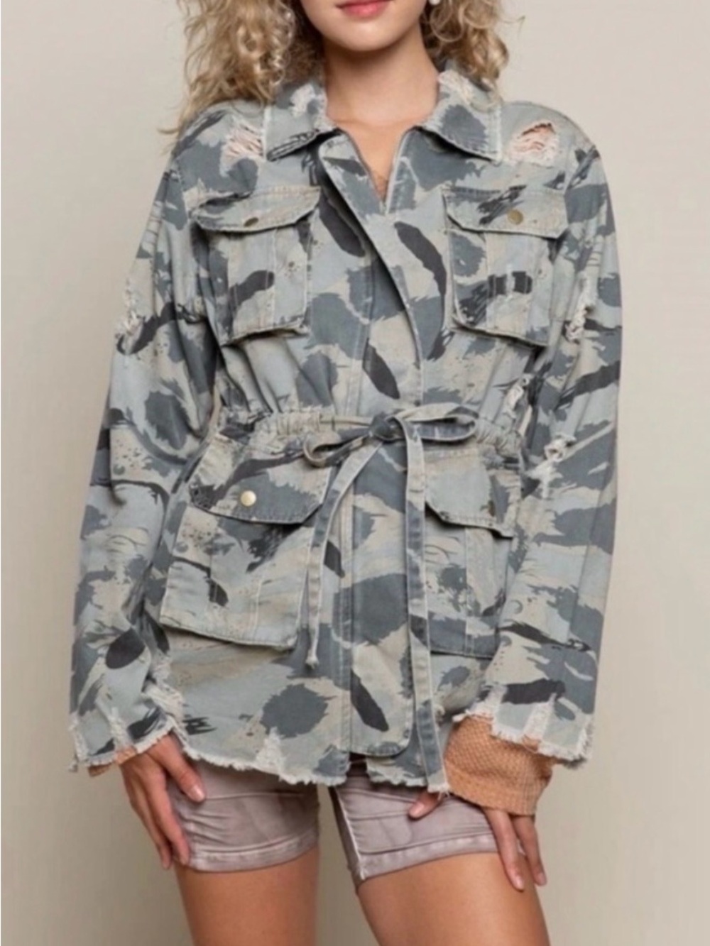 POL Distressed Sweet Camouflage Twill Utility Jacket - M
